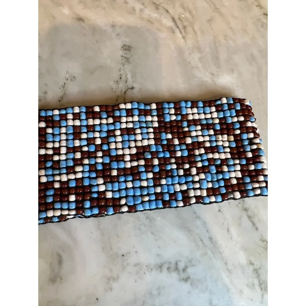 Wide Cinching Beaded Belt Blue Brown White